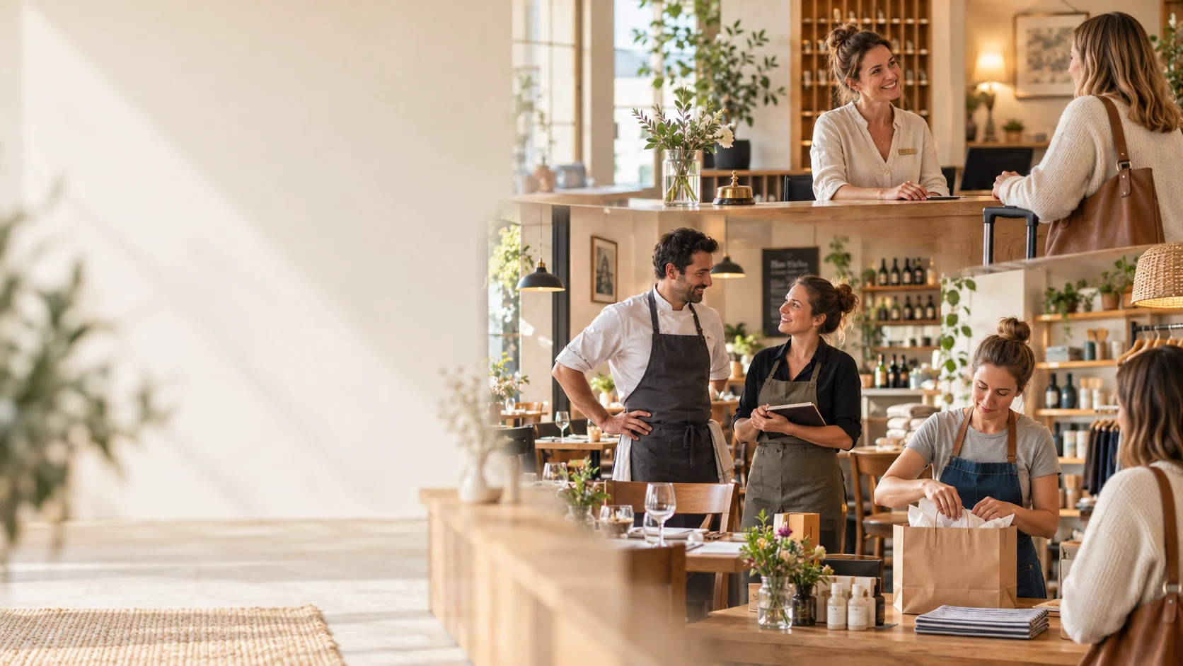 People in hotels, restaurants and retail: listening, working together and handling everyday business.
