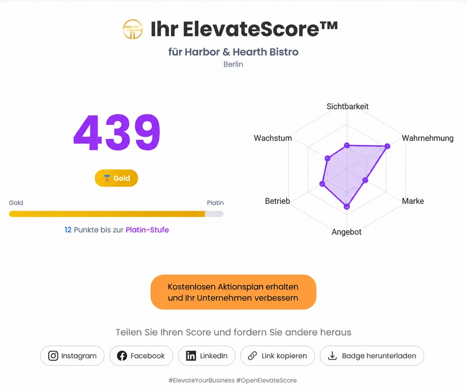 Anonymized ElevateScore result with benchmark and analysis of the six pillars